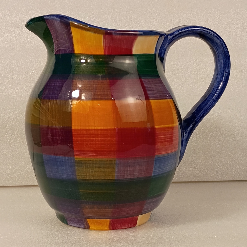 L. PIERCE POTTERY MULTICOLOR PLAID PITCHER 7 1/2" 1994 North Carolina
